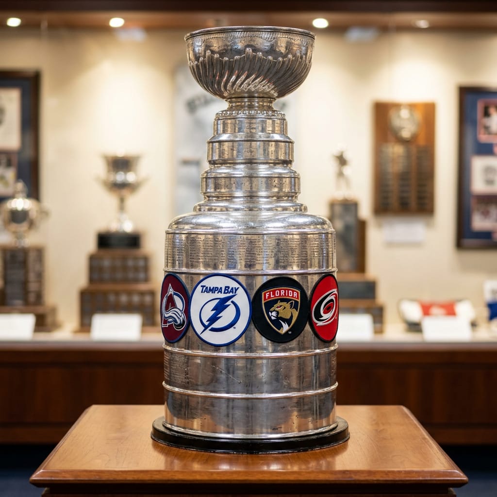A close-up view of the Stanley Cup trophy, featuring logos of the Tampa Bay Lightning, Colorado Avalanche, Florida Panthers, and Carolina Hurricanes, displayed on a wooden pedestal with trophies in the background.