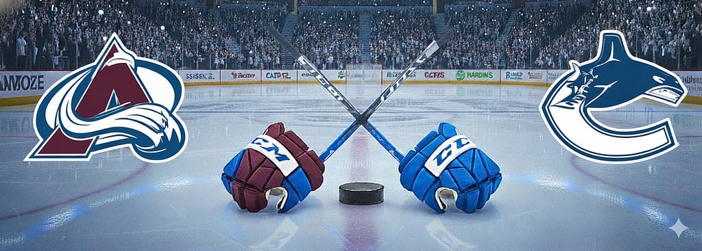 Graphic featuring the logos of the Colorado Avalanche and Vancouver Canucks, with crossed hockey sticks and a puck on an ice rink.