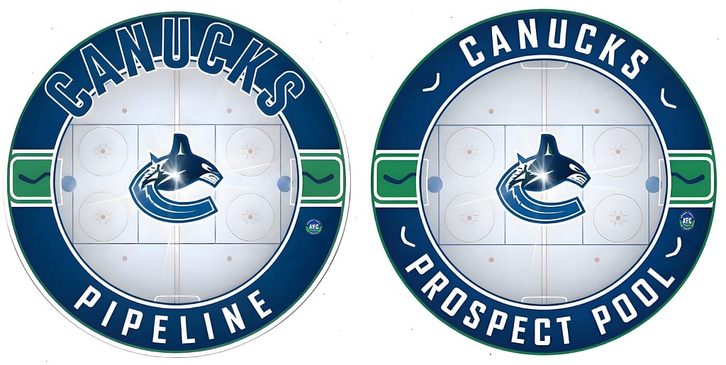 Graphic featuring two circular logos: one labeled 'CANUCKS PIPELINE' and the other 'CANUCKS PROSPECT POOL', both displaying the Vancouver Canucks logo in the center against a hockey rink background.