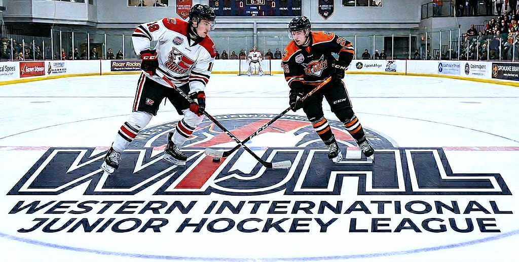 Two junior hockey players face off on the ice, with a large logo of the Western International Junior Hockey League (WIJHL) in the center.