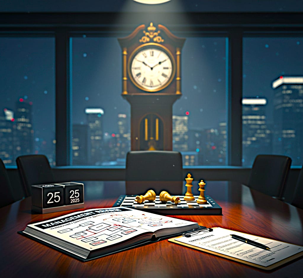 An elegantly designed boardroom scene featuring a chessboard, an open planning book titled 'Management & Roster', and a classic wall clock indicating 8:00. The backdrop shows a city skyline at night, contributing to the strategic atmosphere.