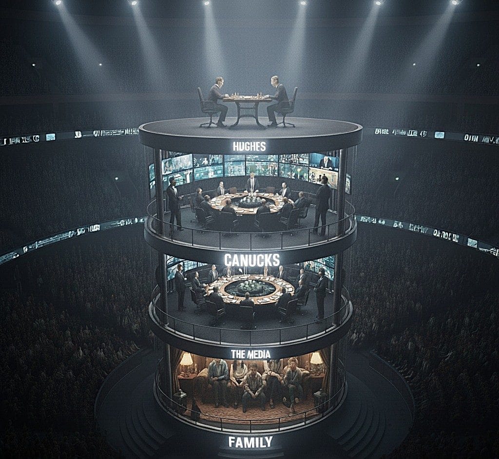 An artistic illustration depicting a multi-layered arena with individuals engaged in chess matches on different tiers, symbolizing the strategic dynamics between Quinn Hughes, the Vancouver Canucks organization, the media, and family.