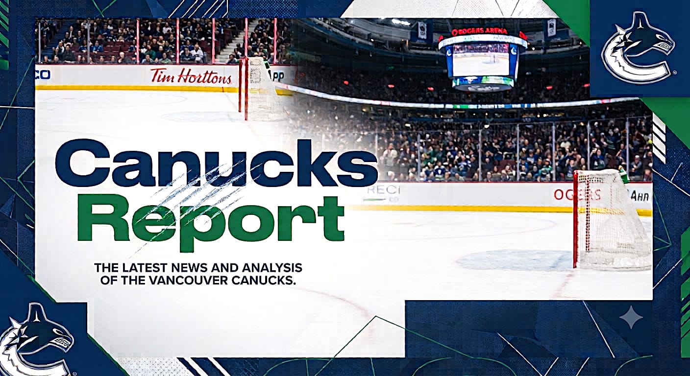 A graphic featuring a hockey rink with a goalpost, the text 'Canucks Report' prominently displayed, highlighting news and analysis of the Vancouver Canucks.